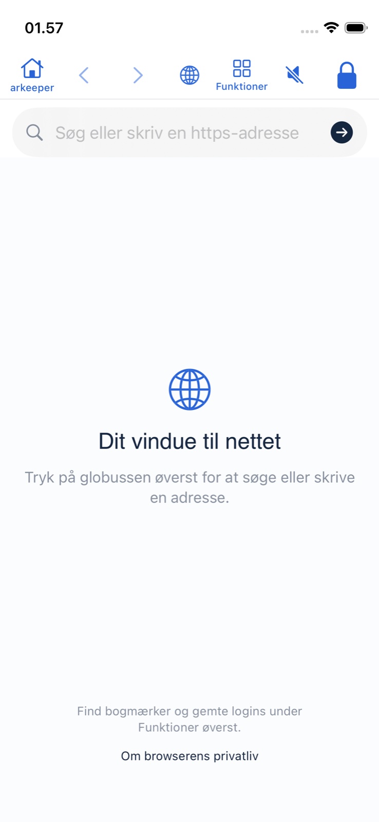 arkeepers browserforside med den nye hjemknap