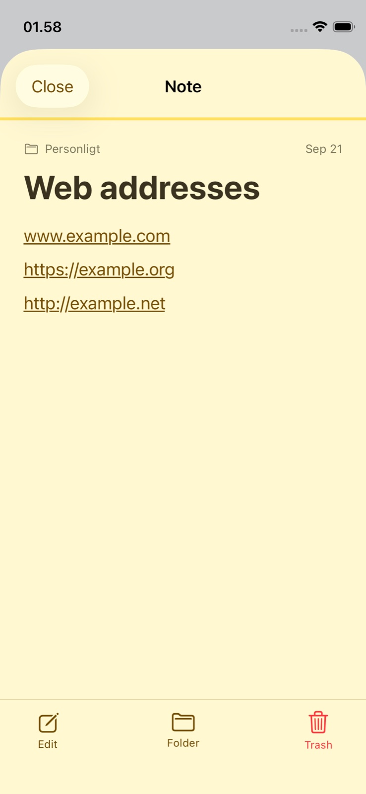 En krypteret note med klikbare webadresser som eksempel
